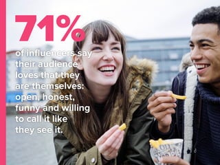 of influencers say
their audience
loves that they
are themselves:
open, honest,
funny and willing
to call it like
they see it.
71%
 