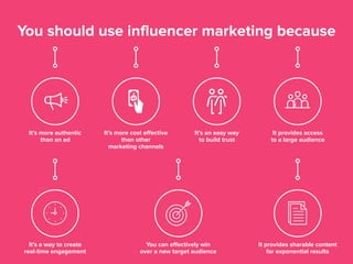 You should use influencer marketing because
It’s more authentic
than an ad
It’s more cost effective
than other
marketing channels
It’s an easy way
to build trust
It provides access
to a large audience
It’s a way to create
real-time engagement
You can effectively win
over a new target audience
It provides sharable content
for exponential results
 