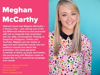 Walmart found that Meghan McCarthy –
a famous vine – was among one of the
top Millennial influencers and partnered
with he...