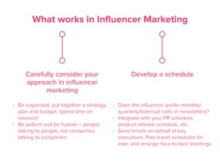 What works in Influencer Marketing
Carefully consider your
approach in influencer
marketing
• Be organized, put together a...
