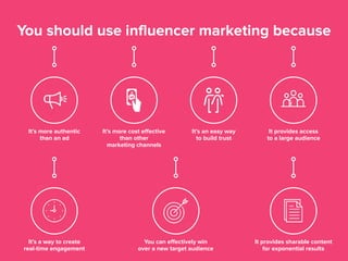 You should use influencer marketing because
It’s more authentic
than an ad
It’s more cost effective
than other
marketing c...