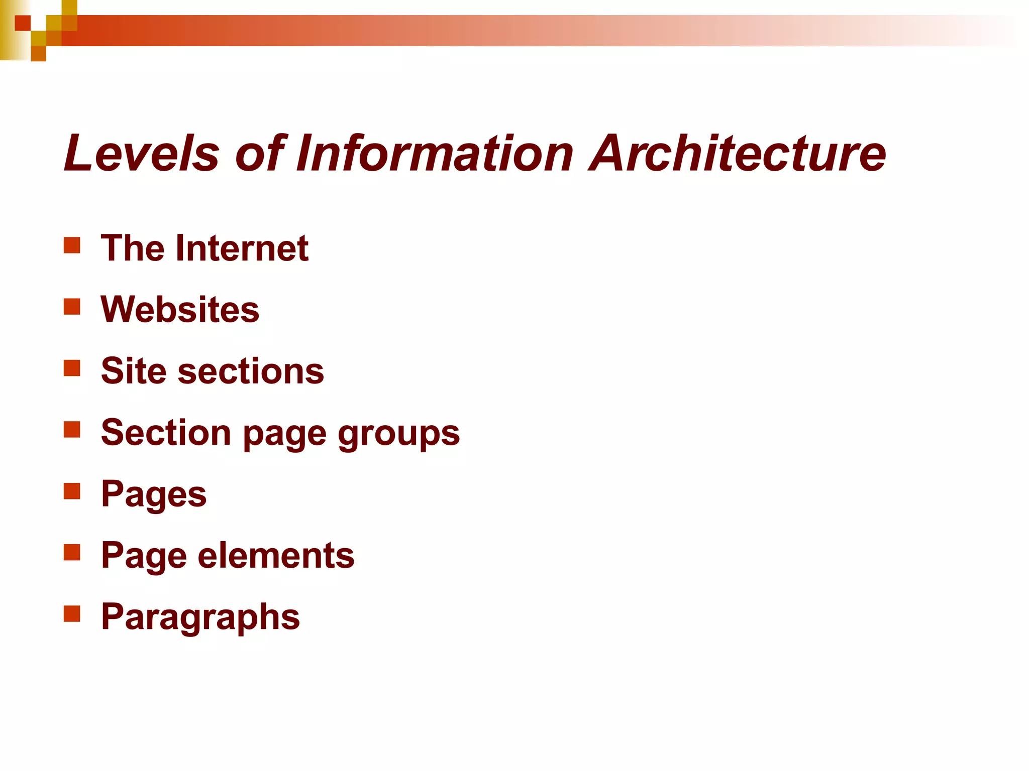 Levels of Information Architecture The Internet Websites Site sections Section page groups Pages Page elements Paragraphs