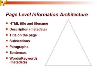 Page Level Information Architecture HTML title and filename Description (metadata) Title on the page Subsections Paragraphs Sentences Words/Keywords (metadata) 