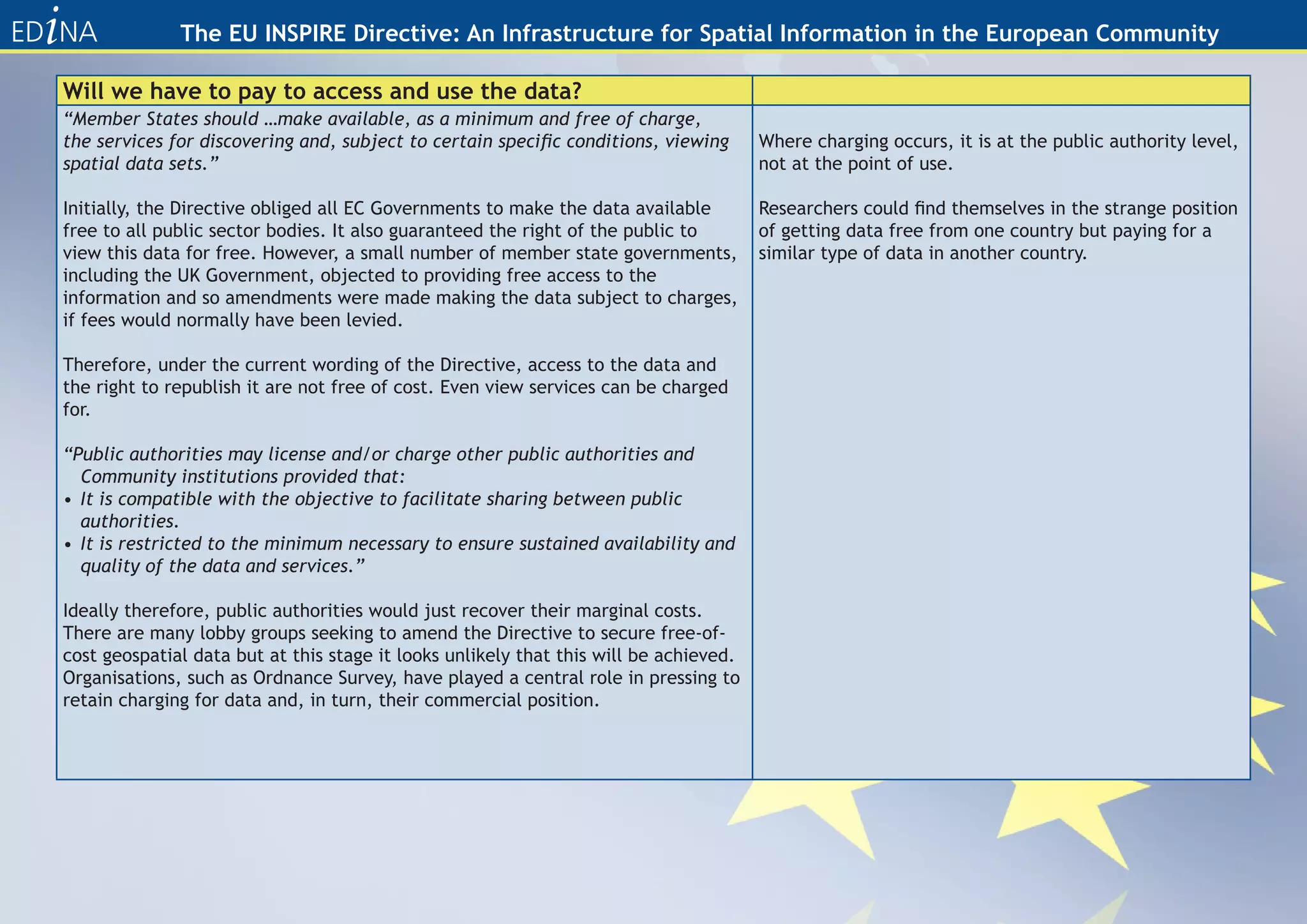 The EU INSPIRE Directive: An Infrastructure for Spatial Information in the European Community

Will we have to pay to access and use the data?
“Member States should …make available, as a minimum and free of charge,
the services for discovering and, subject to certain specific conditions, viewing      Where charging occurs, it is at the public authority level,
spatial data sets.”                                                                    not at the point of use.

Initially, the Directive obliged all EC Governments to make the data available         Researchers could find themselves in the strange position
free to all public sector bodies. It also guaranteed the right of the public to        of getting data free from one country but paying for a
view this data for free. However, a small number of member state governments,          similar type of data in another country.
including the UK Government, objected to providing free access to the
information and so amendments were made making the data subject to charges,
if fees would normally have been levied.

Therefore, under the current wording of the Directive, access to the data and
the right to republish it are not free of cost. Even view services can be charged
for.

“Public authorities may license and/or charge other public authorities and
  Community institutions provided that:
• It is compatible with the objective to facilitate sharing between public
  authorities.
• It is restricted to the minimum necessary to ensure sustained availability and
  quality of the data and services.”

Ideally therefore, public authorities would just recover their marginal costs.
There are many lobby groups seeking to amend the Directive to secure free-of-
cost geospatial data but at this stage it looks unlikely that this will be achieved.
Organisations, such as Ordnance Survey, have played a central role in pressing to
retain charging for data and, in turn, their commercial position.
 