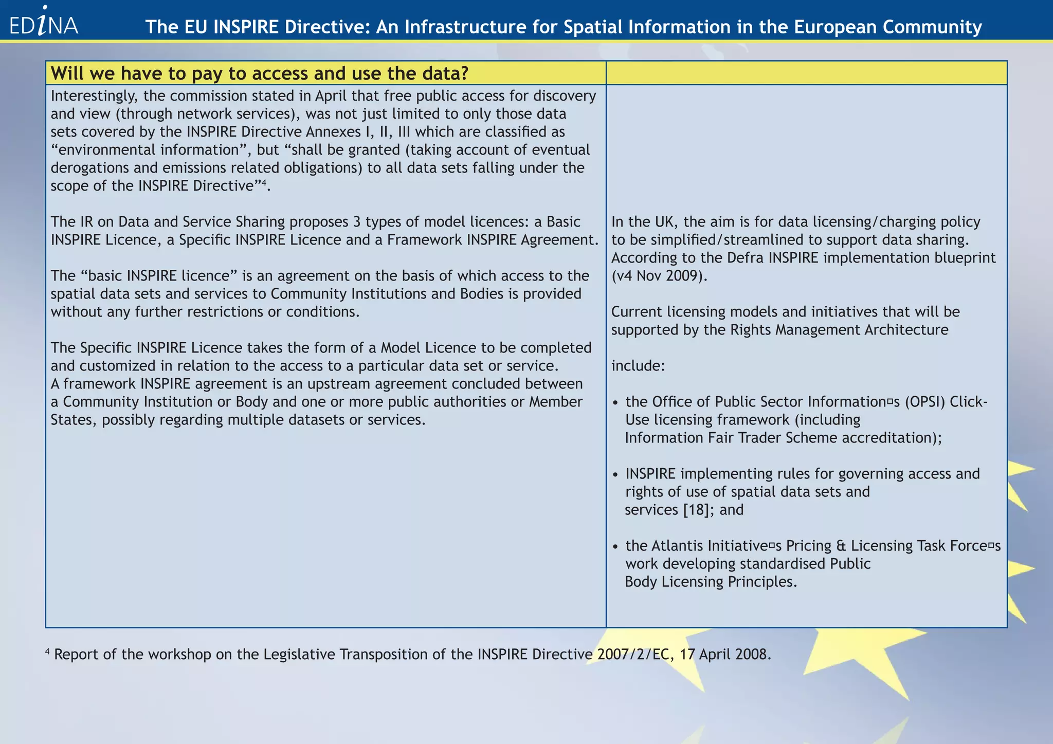 The EU INSPIRE Directive: An Infrastructure for Spatial Information in the European Community

    Will we have to pay to access and use the data?
    Interestingly, the commission stated in April that free public access for discovery
    and view (through network services), was not just limited to only those data
    sets covered by the INSPIRE Directive Annexes I, II, III which are classified as
    “environmental information”, but “shall be granted (taking account of eventual
    derogations and emissions related obligations) to all data sets falling under the
    scope of the INSPIRE Directive”4.

    The IR on Data and Service Sharing proposes 3 types of model licences: a Basic  In the UK, the aim is for data licensing/charging policy
    INSPIRE Licence, a Specific INSPIRE Licence and a Framework INSPIRE Agreement. to be simplified/streamlined to support data sharing.
                                                                                    According to the Defra INSPIRE implementation blueprint
    The “basic INSPIRE licence” is an agreement on the basis of which access to the (v4 Nov 2009).
    spatial data sets and services to Community Institutions and Bodies is provided
    without any further restrictions or conditions.                                 Current licensing models and initiatives that will be
                                                                                    supported by the Rights Management Architecture
    The Specific INSPIRE Licence takes the form of a Model Licence to be completed
    and customized in relation to the access to a particular data set or service.   include:
    A framework INSPIRE agreement is an upstream agreement concluded between
    a Community Institution or Body and one or more public authorities or Member    • the Office of Public Sector Information‟s (OPSI) Click-
    States, possibly regarding multiple datasets or services.                         Use licensing framework (including
                                                                                      Information Fair Trader Scheme accreditation);

                                                                                          • INSPIRE implementing rules for governing access and
                                                                                            rights of use of spatial data sets and
                                                                                            services [18]; and

                                                                                          • the Atlantis Initiative‟s Pricing & Licensing Task Force‟s
                                                                                            work developing standardised Public
                                                                                            Body Licensing Principles.



4
    Report of the workshop on the Legislative Transposition of the INSPIRE Directive 2007/2/EC, 17 April 2008.
 