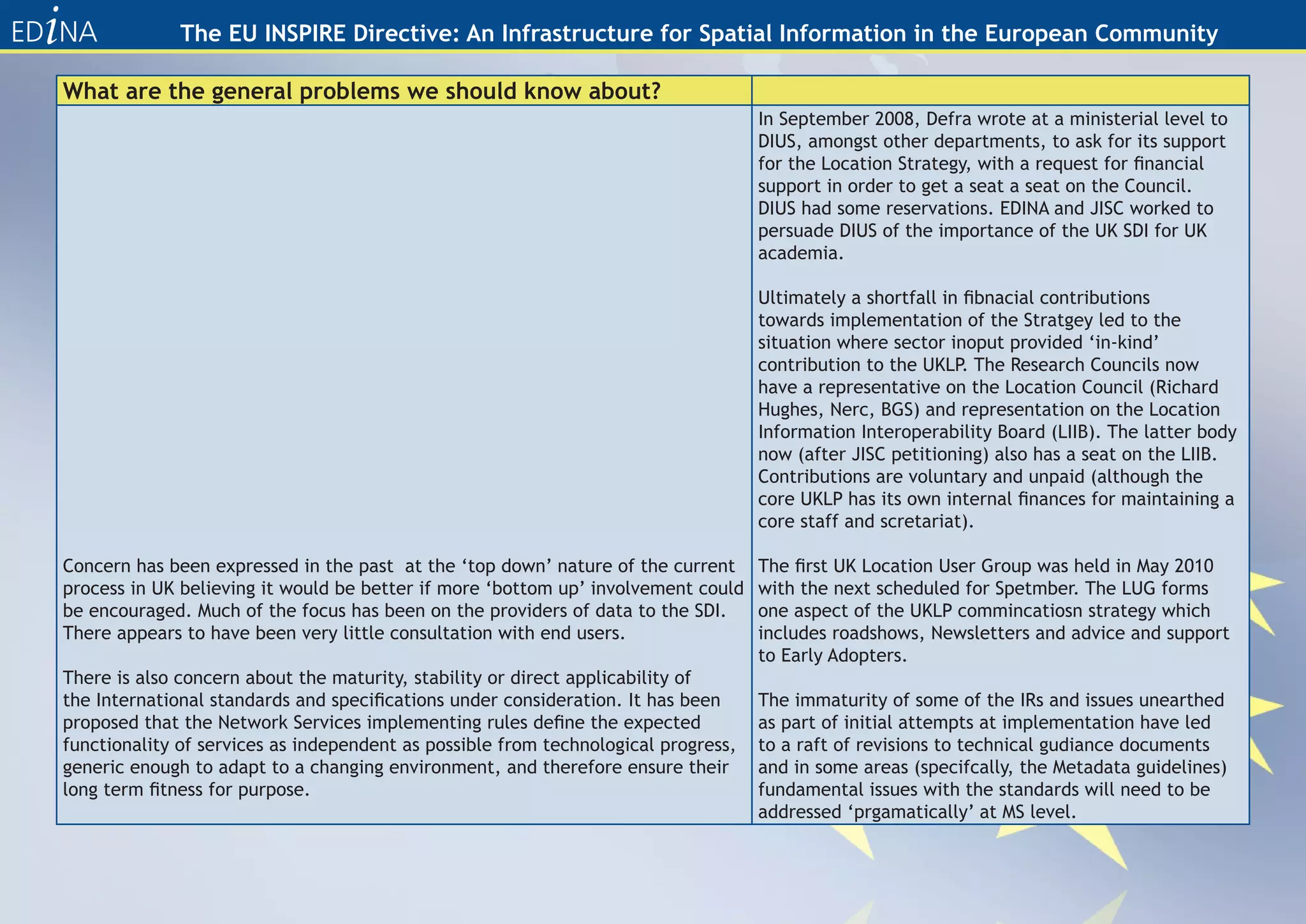 The EU INSPIRE Directive: An Infrastructure for Spatial Information in the European Community

What are the general problems we should know about?
                                                                                    In September 2008, Defra wrote at a ministerial level to
                                                                                    DIUS, amongst other departments, to ask for its support
                                                                                    for the Location Strategy, with a request for financial
                                                                                    support in order to get a seat a seat on the Council.
                                                                                    DIUS had some reservations. EDINA and JISC worked to
                                                                                    persuade DIUS of the importance of the UK SDI for UK
                                                                                    academia.

                                                                                    Ultimately a shortfall in fibnacial contributions
                                                                                    towards implementation of the Stratgey led to the
                                                                                    situation where sector inoput provided ‘in-kind’
                                                                                    contribution to the UKLP. The Research Councils now
                                                                                    have a representative on the Location Council (Richard
                                                                                    Hughes, Nerc, BGS) and representation on the Location
                                                                                    Information Interoperability Board (LIIB). The latter body
                                                                                    now (after JISC petitioning) also has a seat on the LIIB.
                                                                                    Contributions are voluntary and unpaid (although the
                                                                                    core UKLP has its own internal finances for maintaining a
                                                                                    core staff and scretariat).

Concern has been expressed in the past at the ‘top down’ nature of the current      The first UK Location User Group was held in May 2010
process in UK believing it would be better if more ‘bottom up’ involvement could    with the next scheduled for Spetmber. The LUG forms
be encouraged. Much of the focus has been on the providers of data to the SDI.      one aspect of the UKLP commincatiosn strategy which
There appears to have been very little consultation with end users.                 includes roadshows, Newsletters and advice and support
                                                                                    to Early Adopters.
There is also concern about the maturity, stability or direct applicability of
the International standards and specifications under consideration. It has been     The immaturity of some of the IRs and issues unearthed
proposed that the Network Services implementing rules define the expected           as part of initial attempts at implementation have led
functionality of services as independent as possible from technological progress,   to a raft of revisions to technical gudiance documents
generic enough to adapt to a changing environment, and therefore ensure their       and in some areas (specifcally, the Metadata guidelines)
long term fitness for purpose.                                                      fundamental issues with the standards will need to be
                                                                                    addressed ‘prgamatically’ at MS level.
 