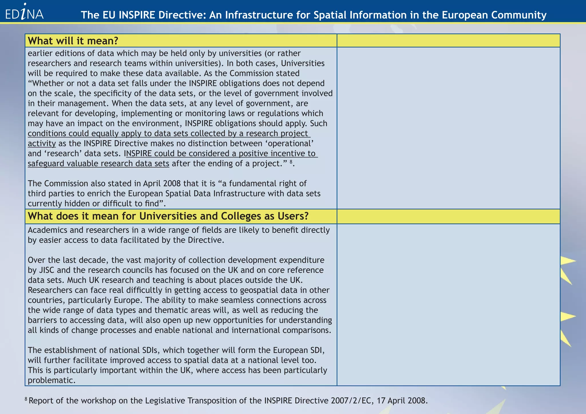 The EU INSPIRE Directive: An Infrastructure for Spatial Information in the European Community

    What will it mean?
    earlier editions of data which may be held only by universities (or rather
    researchers and research teams within universities). In both cases, Universities
    will be required to make these data available. As the Commission stated
    “Whether or not a data set falls under the INSPIRE obligations does not depend
    on the scale, the specificity of the data sets, or the level of government involved
    in their management. When the data sets, at any level of government, are
    relevant for developing, implementing or monitoring laws or regulations which
    may have an impact on the environment, INSPIRE obligations should apply. Such
    conditions could equally apply to data sets collected by a research project
    activity as the INSPIRE Directive makes no distinction between ‘operational’
    and ‘research’ data sets. INSPIRE could be considered a positive incentive to
    safeguard valuable research data sets after the ending of a project.” 8.

    The Commission also stated in April 2008 that it is “a fundamental right of
    third parties to enrich the European Spatial Data Infrastructure with data sets
    currently hidden or difficult to find”.
    What does it mean for Universities and Colleges as Users?
    Academics and researchers in a wide range of fields are likely to benefit directly
    by easier access to data facilitated by the Directive.

    Over the last decade, the vast majority of collection development expenditure
    by JISC and the research councils has focused on the UK and on core reference
    data sets. Much UK research and teaching is about places outside the UK.
    Researchers can face real difficultly in getting access to geospatial data in other
    countries, particularly Europe. The ability to make seamless connections across
    the wide range of data types and thematic areas will, as well as reducing the
    barriers to accessing data, will also open up new opportunities for understanding
    all kinds of change processes and enable national and international comparisons.

    The establishment of national SDIs, which together will form the European SDI,
    will further facilitate improved access to spatial data at a national level too.
    This is particularly important within the UK, where access has been particularly
    problematic.

8
    Report of the workshop on the Legislative Transposition of the INSPIRE Directive 2007/2/EC, 17 April 2008.
 