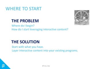 WHERE TO START
Where do I begin?
How do I start leveraging interactive content?
THE PROBLEM
Start with what you have.
Layer interactive content into your existing programs.
THE SOLUTION
@Snap_App
 