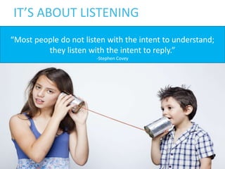 IT’S ABOUT LISTENING
@Snap_App
“Most people do not listen with the intent to understand;
they listen with the intent to reply.”
-Stephen Covey
 