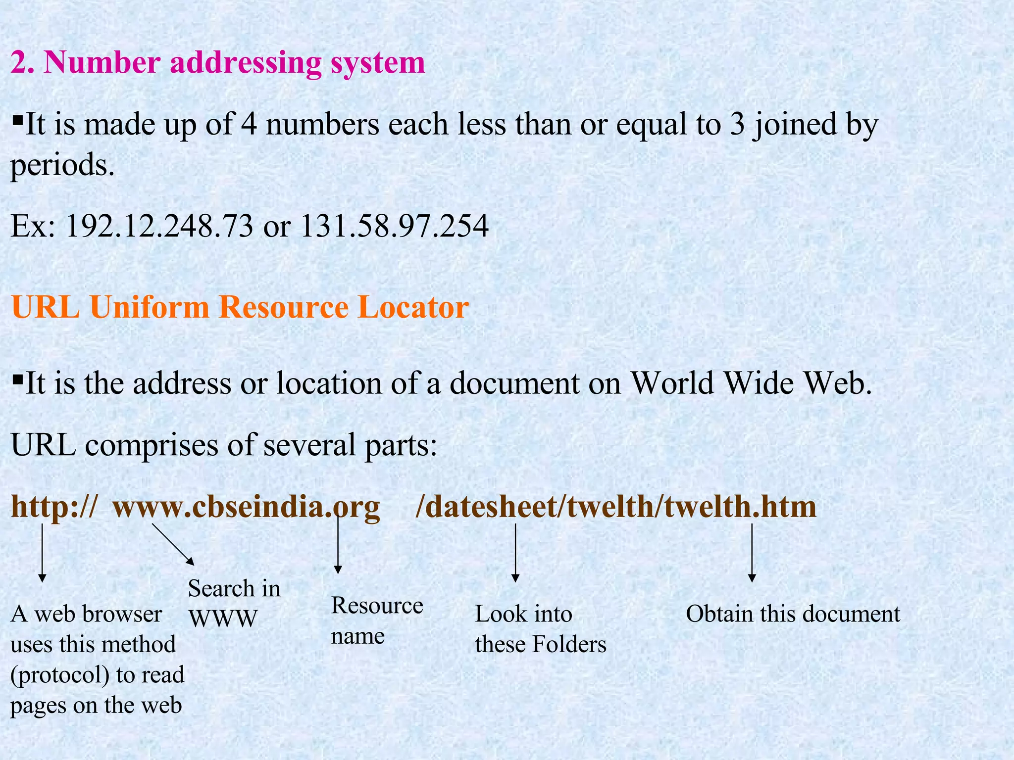 2. Number addressing system It is made up of 4 numbers each less than or equal to 3 joined by periods. Ex: 192.12.248.73 or 131.58.97.254 URL Uniform Resource Locator It is the address or location of a document on World Wide Web. URL comprises of several parts: http:// www.cbseindia.org /datesheet/twelth/twelth.htm A web browser uses this method (protocol) to read pages on the web Search in WWW Resource name Look into these Folders Obtain this document 