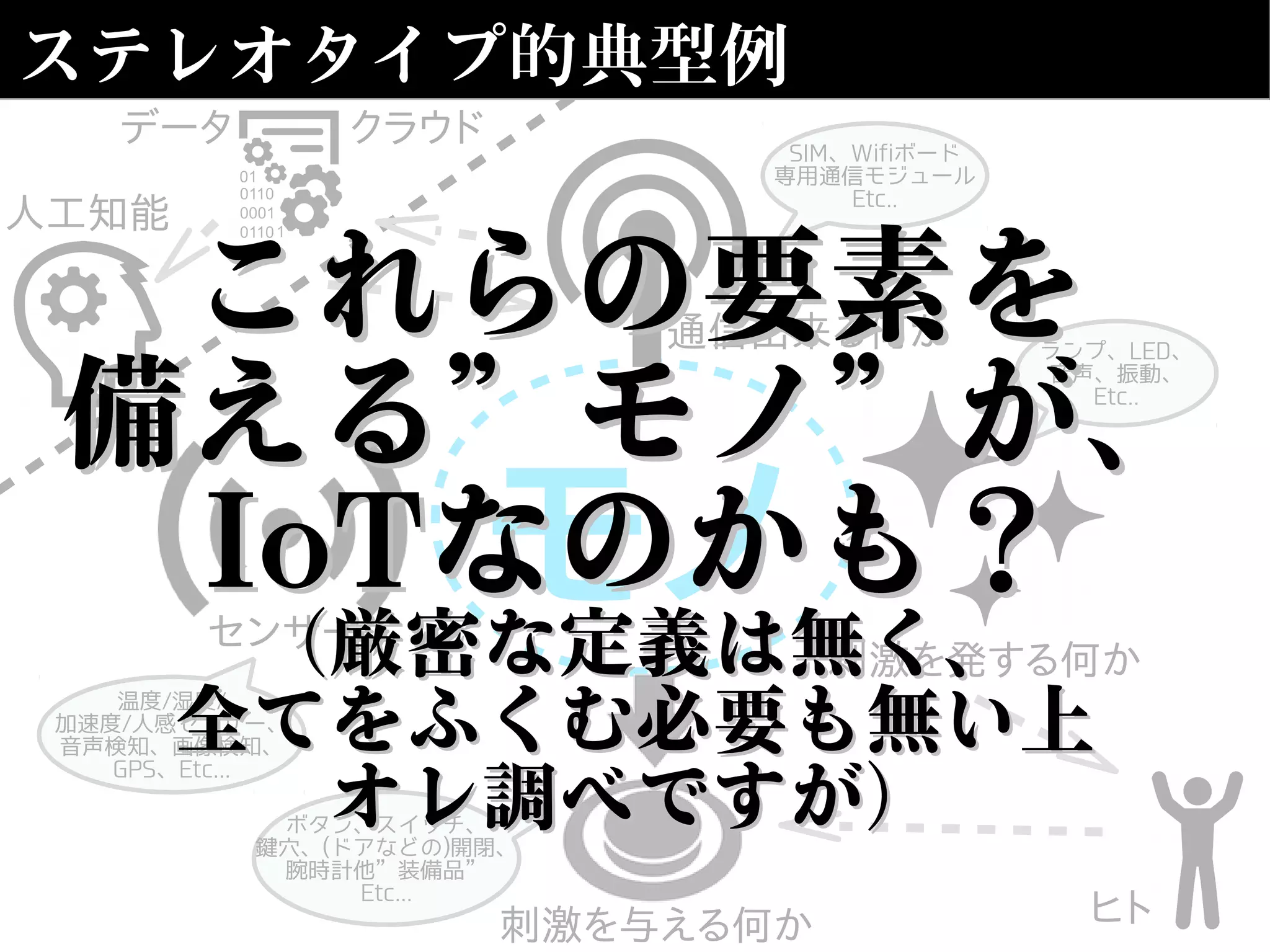 ステレオタイプ的典型例
通信出来る何か
クラウドデータ
人工知能
センサー
モノ
ヒト
刺激を発する何か
刺激を与える何か
温度/湿度/
加速度/人感センサー、
音声検知、画像検知、
GPS、Etc...
ボタン、スイッチ、
鍵穴、(ドアなどの)開閉、
腕時計他”装備品”
Etc...
ランプ、LED、
音声、振動、
Etc..
SIM、Wifiボード
専用通信モジュール
Etc..
これらの要素をこれらの要素を
備える”モノ”が、備える”モノ”が、
IoTIoTなのかも？なのかも？
（厳密な定義は無く、（厳密な定義は無く、
全てをふくむ必要も無い上全てをふくむ必要も無い上
オレ調べですが）オレ調べですが）
 