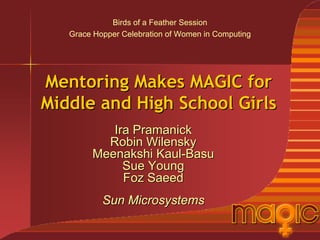 Birds of a Feather Session
   Grace Hopper Celebration of Women in Computing




Mentoring Makes MAGIC for
Middle and High School Girls
           Ira Pramanick
          Robin Wilensky
        Meenakshi Kaul-Basu
             Sue Young
             Foz Saeed
           Sun Microsystems
 