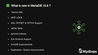 Atomic DDL
SKIP LOCK
SQL OFFSET & FETCH Support
JSON Table
Ignored Indexes
Sys Schema Support
InnoDB Improvements
Replication / Galera Improvements
What is new in MariaDB 10.6 ?
 