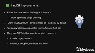 Faster Empty table data loading ( Bulk inserts )
Much optimized Single undo log.
COMPRESSED ROW Format is made as Read-only by default.
Temporary tablespace is omitted from buffer pool flush list
Many InnoDB Variables were deprecated ( cleanup )
Innodb_page_cleaners
innodb_buffer_pool_instances and more
InnoDB Improvements
 