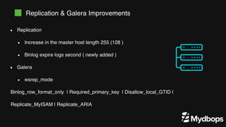 Binlog_row_format_only | Required_primary_key | Disallow_local_GTID |
Replicate_MyISAM | Replicate_ARIA
Replication
Increase in the master host length 255 (128 )
Binlog expire logs second ( newly added )
Galera
wsrep_mode
Replication & Galera Improvements
 