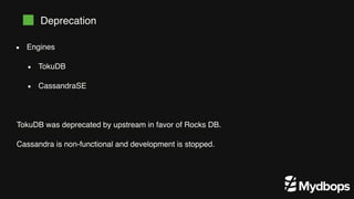 TokuDB was deprecated by upstream in favor of Rocks DB.
Cassandra is non-functional and development is stopped.
Engines
TokuDB
CassandraSE
Deprecation
 