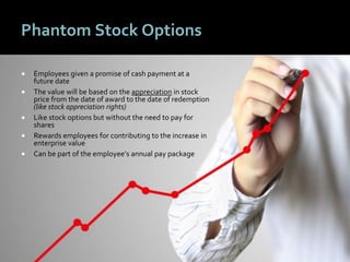 2525
Phantom Stock Options
 Employees given a promise of cash payment at a
future date
 The value will be based on the appreciation in stock
price from the date of award to the date of redemption
(like stock appreciation rights)
 Like stock options but without the need to pay for
shares
 Rewards employees for contributing to the increase in
enterprise value
 Can be part of the employee’s annual pay package
 