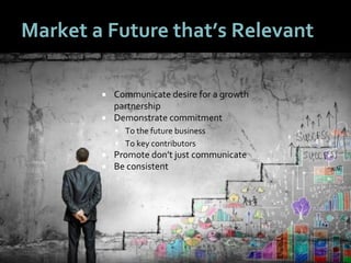 5050
Market a Future that’s Relevant
 Communicate desire for a growth
partnership
 Demonstrate commitment
 To the future business
 To key contributors
 Promote don’t just communicate
 Be consistent
 