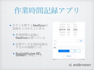 OmniFocus
OmniFocus
DeepLink(Custom URL
Scheme)
ui, webbrowser
 