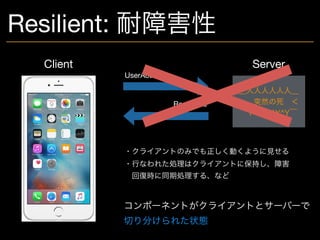 Resilient: 耐障害性
Server
＿人人人人人人＿
＞ 突然の死 ＜
￣Y^Y^Y^Y^Y￣
Client
UserAction
Response
・クライアントのみでも正しく動くように見せる 
・行なわれた処理はクライアントに保持し、障害 
 回復時に同期処理する、など
コンポーネントがクライアントとサーバーで 
切り分けられた状態
 