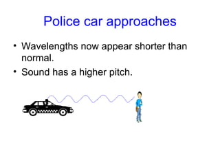 Police car approaches Wavelengths now appear shorter than normal. Sound has a higher pitch. 