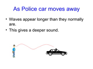 As Police car moves away Waves appear longer than they normally are. This gives a deeper sound. 