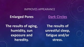 IMPROVES APPEARANCE
Enlarged Pores
The results of aging,
humidity, sun
exposure and
heredity.
Dark Circles
The results of
unrestful sleep,
fatigue and/or
stress.
 