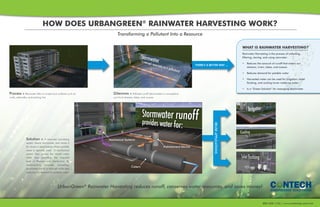 How Does UrbanGreen®
Rainwater Harvesting work?
Transforming a Pollutant Into a Resource
UrbanGreen®
Rainwater Harvesting reduces runoff, conserves water resources, and saves money!
Process » Rainwater falls on impervious surfaces such as
roofs, sidewalks, and parking lots.
Dilemma » Polluted runoff (stormwater) is conveyed to
our local streams, lakes, and oceans
ENGINEERED SOLUTIONS
800-338-1122 | www.conteches.com/rwh
There’s a Better Way ...
What is Rainwater Harvesting?
Rainwater Harvesting is the process of collecting,
filtering, storing, and using rainwater:
•	 Reduces the amount of runoff that enters our
streams, rivers, lakes, and oceans
•	 Reduces demand for potable water.
•	 Harvested water can be used for irrigation, toilet
flushing, and cooling tower make-up water
•	 Is a “Green Solution” for managing stormwater
Solution » A rainwater harvesting
system cleans stormwater and stores it
for reuse in applications where potable
water is typically used. A mechanical
system then pumps the stored water
while also providing the required
level of filtration and disinfection. By
implementing rainwater harvesting,
stormwater runoff is reduced while also
reducing the demand for potable water.
Pretreatment Device
Mechanical Systems
stormwater runoff
reusewater
Cistern
REUSEAPPLICATIONS
 