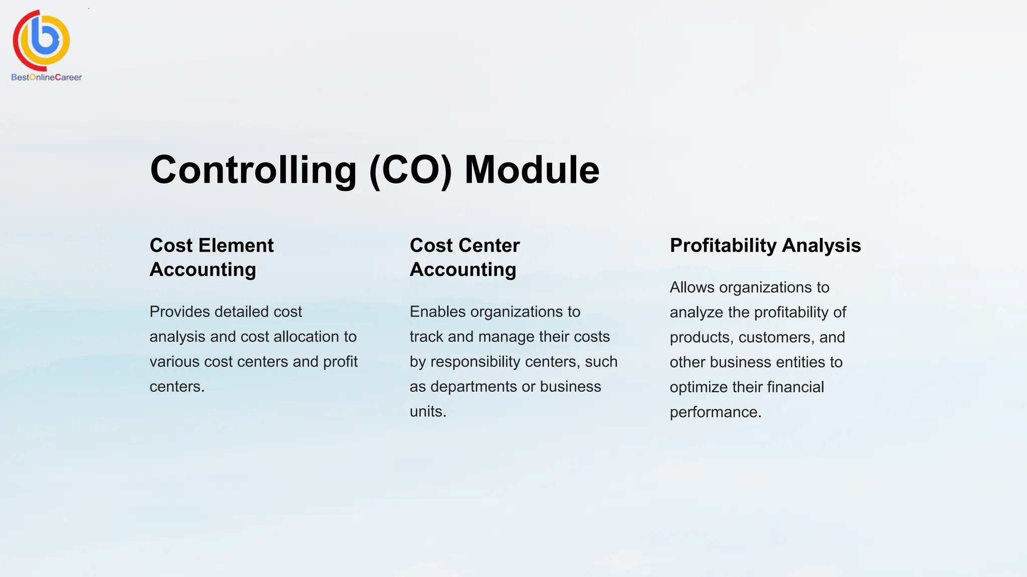 Controlling (CO) Module
Cost Element
Accounting
Provides detailed cost
analysis and cost allocation to
various cost centers and profit
centers.
Cost Center
Accounting
Enables organizations to
track and manage their costs
by responsibility centers, such
as departments or business
units.
Profitability Analysis
Allows organizations to
analyze the profitability of
products, customers, and
other business entities to
optimize their financial
performance.
 