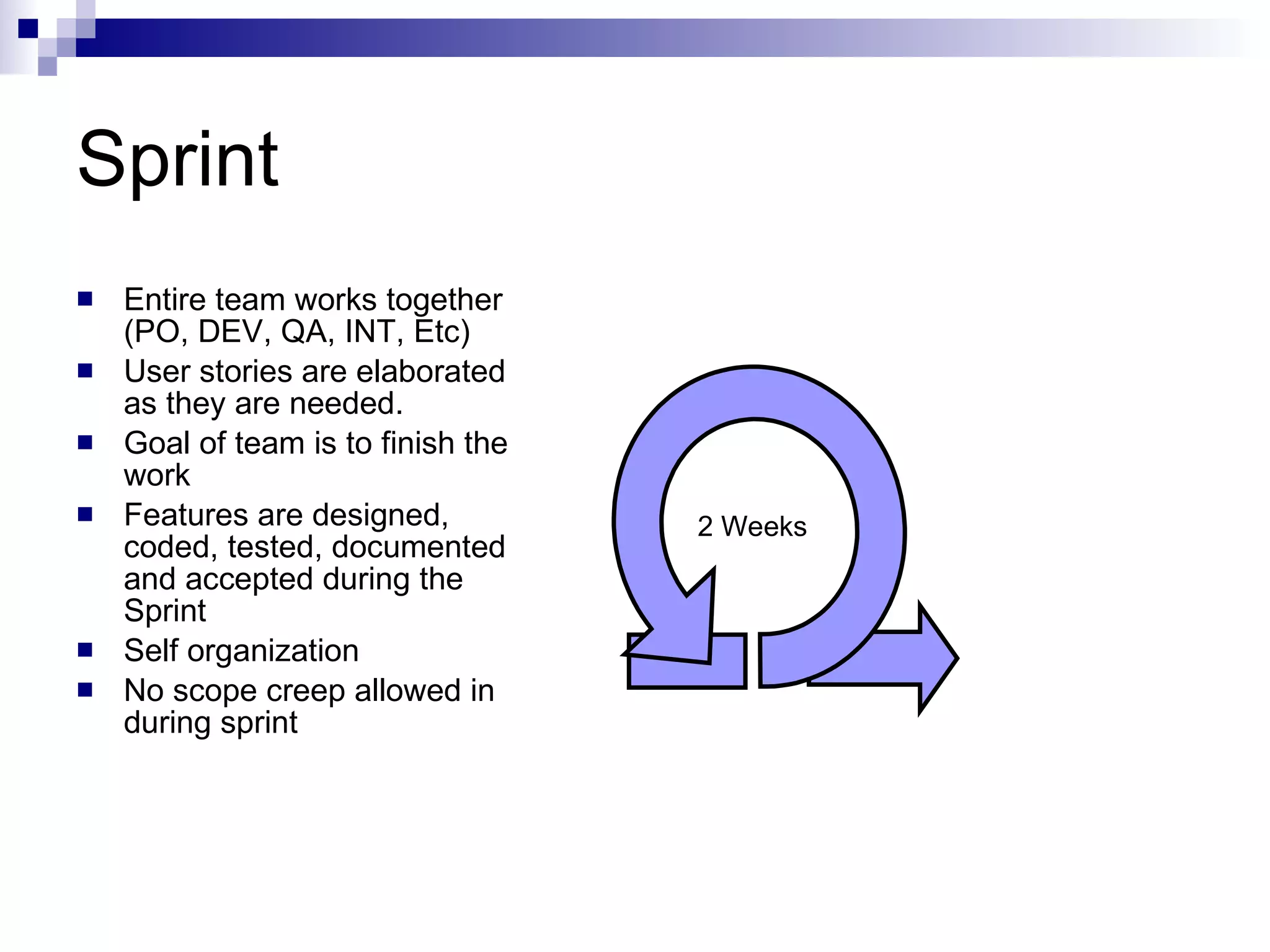 Sprint Entire team works together (PO, DEV, QA, INT, Etc) User stories are elaborated as they are needed. Goal of team is to finish the work Features are designed, coded, tested, documented and accepted during the Sprint Self organization No scope creep allowed in during sprint 2 Weeks 