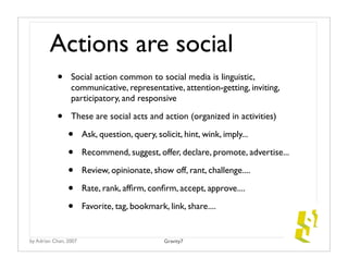 Actions are social
           •     Social action common to social media is linguistic,
                 communicative, re...