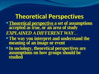 Theoretical Perspectives Theoretical perspective  a set of assumptions accepted as true, or an area of study EXPLAINED A DIFFERENT WAY… The way you interpret and understand the meaning of an image or event In sociology, theoretical perspectives are assumptions on how groups should be studied 
