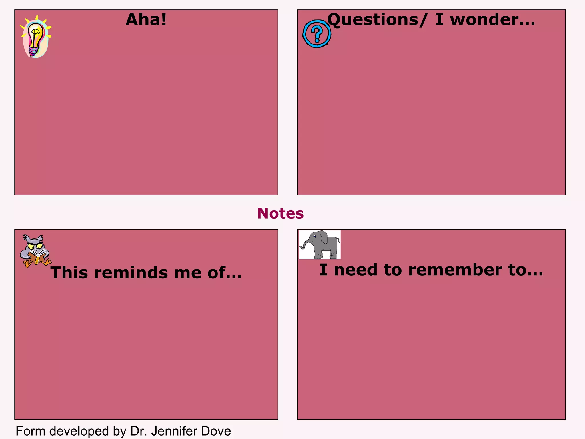 Aha! Questions/ I wonder… This reminds me of… I need to remember to… Notes Form developed by Dr. Jennifer Dove 