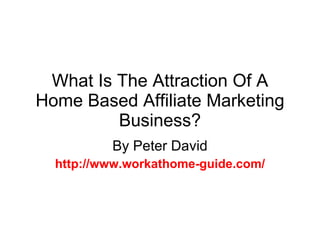 What Is The Attraction Of A Home Based Affiliate Marketing Business? By Peter David http://www.workathome-guide.com/ 