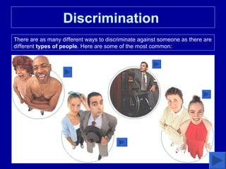 Discrimination   There are as many different ways to discriminate against someone as there are different  types of people . Here are some of the most common: 