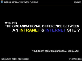 WHAT IS THE ORGANISATIONAL DIFFERENCE BETWEEN AN  INTRANET  &  INTERNET  SITE ? YOUR TODAY SPEAKER : NURHAZMAN ABDUL AZIZ NURHAZMAN ABDUL AZIZ (2666182) IACT 302 COPORATE NETWORK PLANNING SEMINAR 19 th  MARCH 2004 
