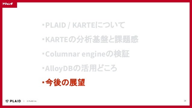 　　｜　　© PLAID Inc. 23
・PLAID / KARTEについて
・KARTEの分析基盤と課題感
・Columnar engineの検証
・AlloyDBの活用どころ
・今後の展望
アジェンダ
 