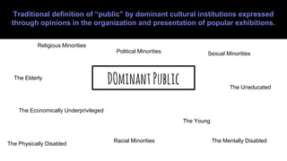 DOminantPublic
Sexual Minorities
Racial Minorities
Political Minorities
Religious Minorities
The Economically Underprivileged
The Uneducated
The Young
The Elderly
Traditional definition of “public” by dominant cultural institutions expressed
through opinions in the organization and presentation of popular exhibitions.
The Mentally Disabled
The Physically Disabled