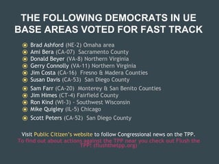 THE FOLLOWING DEMOCRATS IN UE
BASE AREAS VOTED FOR FAST TRACK
⦿ Brad Ashford (NE-2) Omaha area
⦿ Ami Bera (CA-07) Sacramento County
⦿ Donald Beyer (VA-8) Northern Virginia
⦿ Gerry Connolly (VA-11) Northern Virginia
⦿ Jim Costa (CA-16) Fresno & Madera Counties
⦿ Susan Davis (CA-53) San Diego County
⦿ Sam Farr (CA-20) Monterey & San Benito Counties
⦿ Jim Himes (CT-4) Fairfield County
⦿ Ron Kind (WI-3) - Southwest Wisconsin
⦿ Mike Quigley (IL-5) Chicago
⦿ Scott Peters (CA-52) San Diego County
Visit Public Citizen’s website to follow Congressional news on the TPP.
To find out about actions against the TPP near you check out Flush the
TPP! (flushthetpp.org)
 