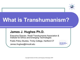 What is Transhumanism? James J. Hughes Ph.D. Executive Director, World Transhumanist Association &  Institute for Ethics and Emerging Technologies Public Policy Studies, Trinity College, Hartford CT [email_address] 