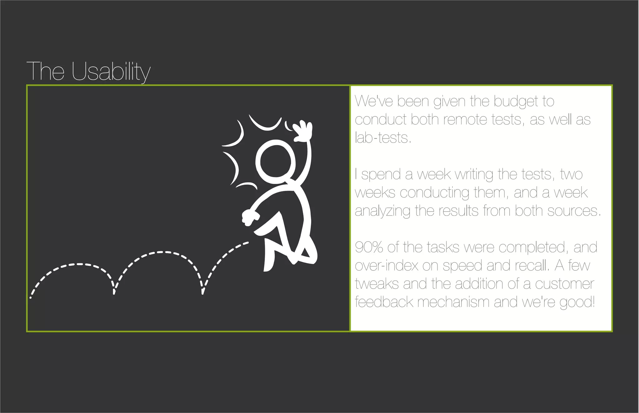 The Usability
                We've been given the budget to
                conduct both remote tests, as well as
                lab-tests.

                I spend a week writing the tests, two
                weeks conducting them, and a week
                analyzing the results from both sources.

                90% of the tasks were completed, and
                over-index on speed and recall. A few
                tweaks and the addition of a customer
                feedback mechanism and we're good!
 