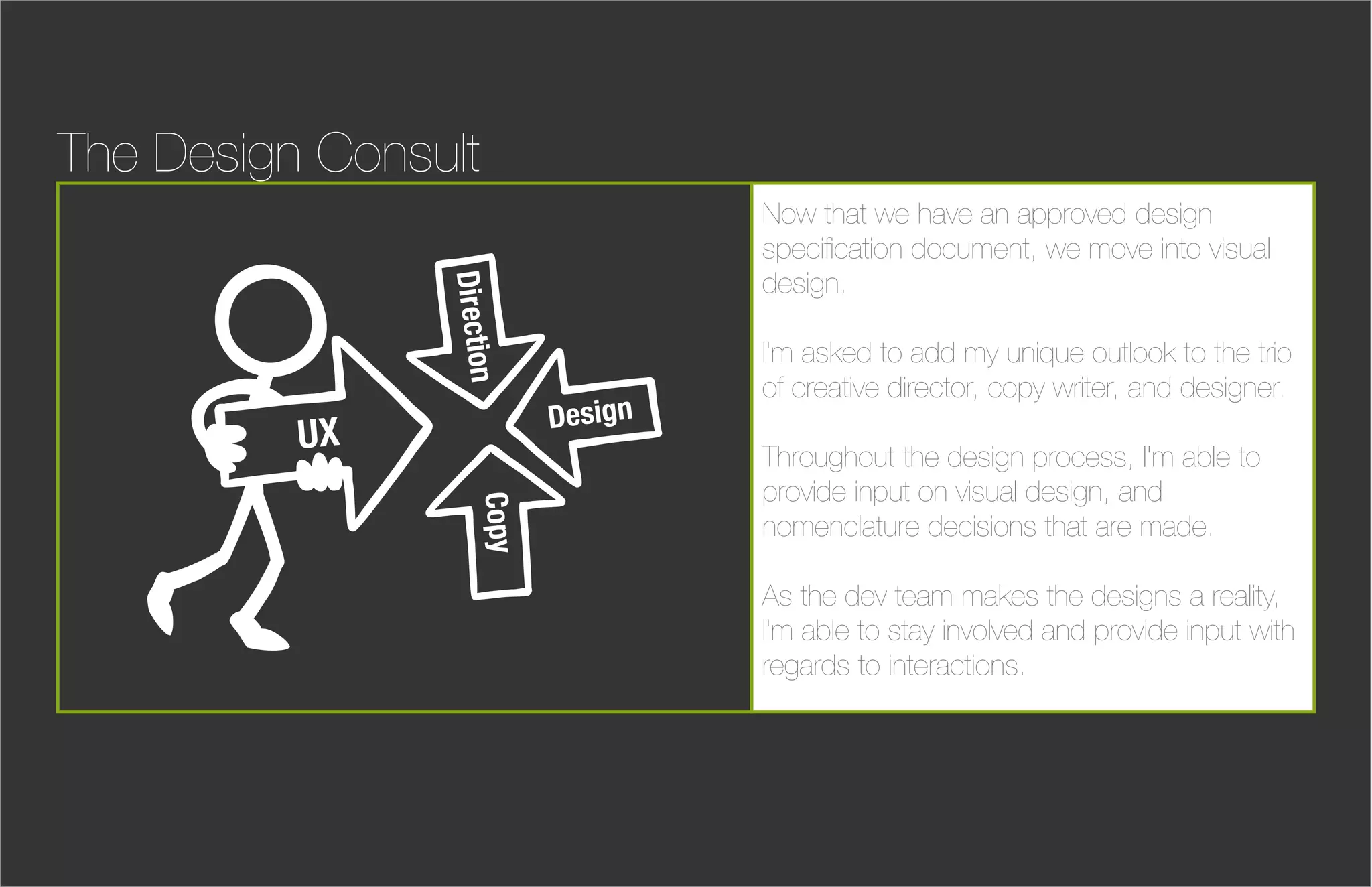 The Design Consult
                                     Now that we have an approved design
                                     speciﬁcation document, we move into visual
                                     design.




                Direction
                                     I'm asked to add my unique outlook to the trio
                                     of creative director, copy writer, and designer.
                            Design
          UX                         Throughout the design process, I'm able to
                                     provide input on visual design, and
                     Copy
                                     nomenclature decisions that are made.

                                     As the dev team makes the designs a reality,
                                     I'm able to stay involved and provide input with
                                     regards to interactions.
 