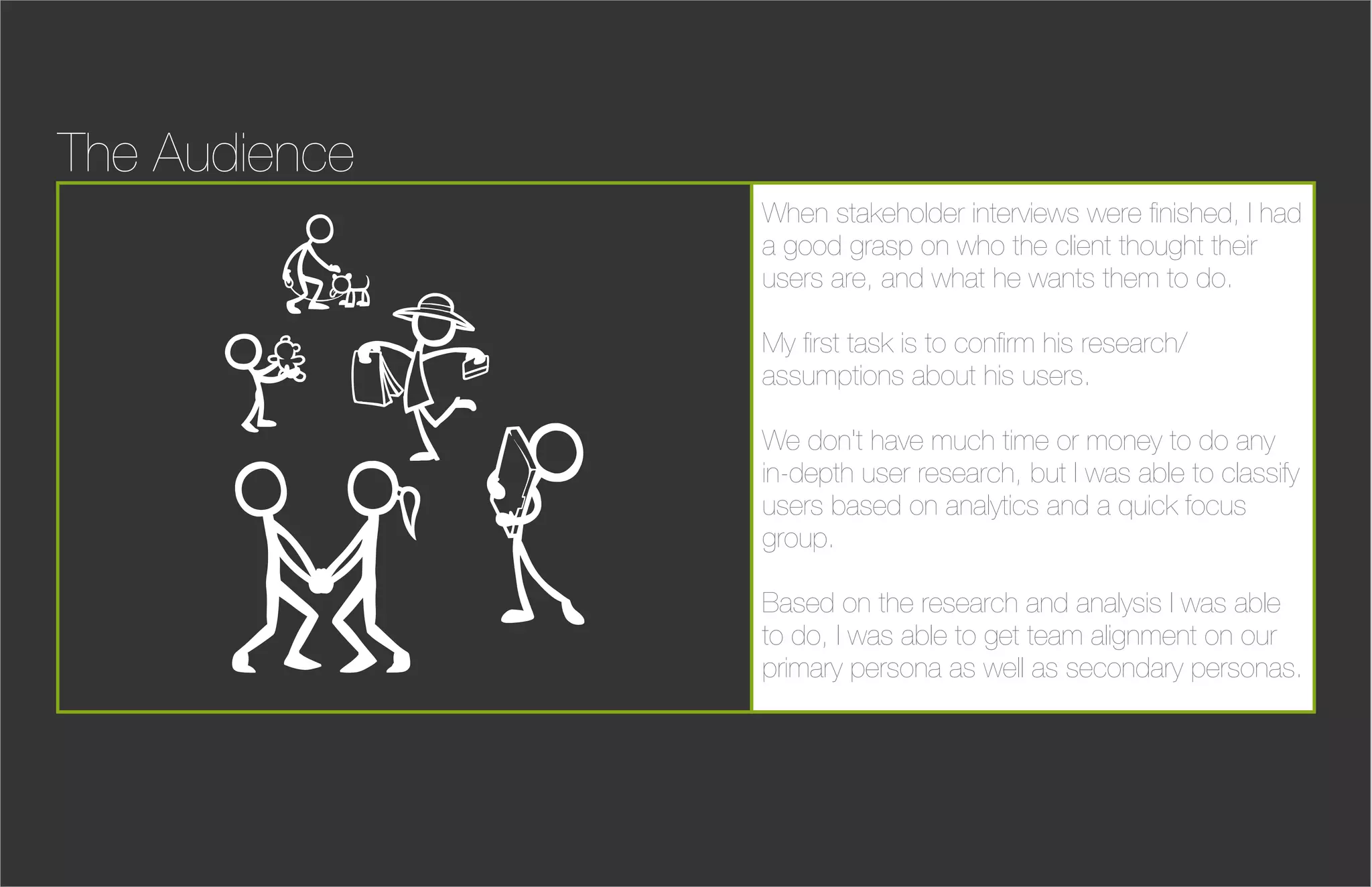 The Audience
               When stakeholder interviews were ﬁnished, I had
               a good grasp on who the client thought their
               users are, and what he wants them to do.

               My ﬁrst task is to conﬁrm his research/
               assumptions about his users.

               We don't have much time or money to do any
               in-depth user research, but I was able to classify
               users based on analytics and a quick focus
               group.

               Based on the research and analysis I was able
               to do, I was able to get team alignment on our
               primary persona as well as secondary personas.
 