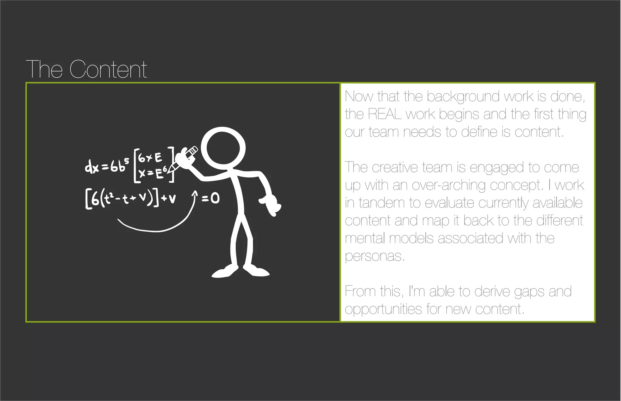 The Content
              Now that the background work is done,
              the REAL work begins and the ﬁrst thing
              our team needs to deﬁne is content.

              The creative team is engaged to come
              up with an over-arching concept. I work
              in tandem to evaluate currently available
              content and map it back to the different
              mental models associated with the
              personas.

              From this, I'm able to derive gaps and
              opportunities for new content.
 