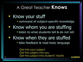 A Great Teacher Knows

      Know your stuff
         command of subject-specific knowledge

      Know whom you are stuffing
         listen to what students tell & do not tell

      Know when they are stuffed
         take feedback & read body language

          Get into your subject
          Get the subject into you
          Get the subject into students’ hearts   mnRAJU
13
 