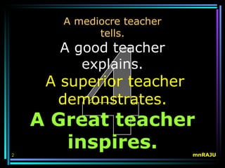 A mediocre teacher
             tells.
      A good teacher
         explains.
     A superior teacher
      demonstrates.
    A Great teacher
2
       inspires.            mnRAJU
 