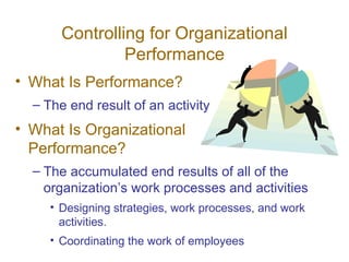 Controlling for Organizational Performance What Is Performance? The end result of an activity What Is Organizational  Performance? The accumulated end results of all of the organization’s work processes and activities Designing strategies, work processes, and work activities. Coordinating the work of employees 