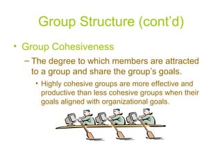 Group Structure (cont’d) Group Cohesiveness The degree to which members are attracted to a group and share the group’s goals. Highly cohesive groups are more effective and productive than less cohesive groups when their goals aligned with organizational goals. 