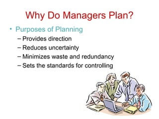 Why Do Managers Plan? Purposes of Planning Provides direction Reduces uncertainty Minimizes waste and redundancy Sets the standards for controlling 