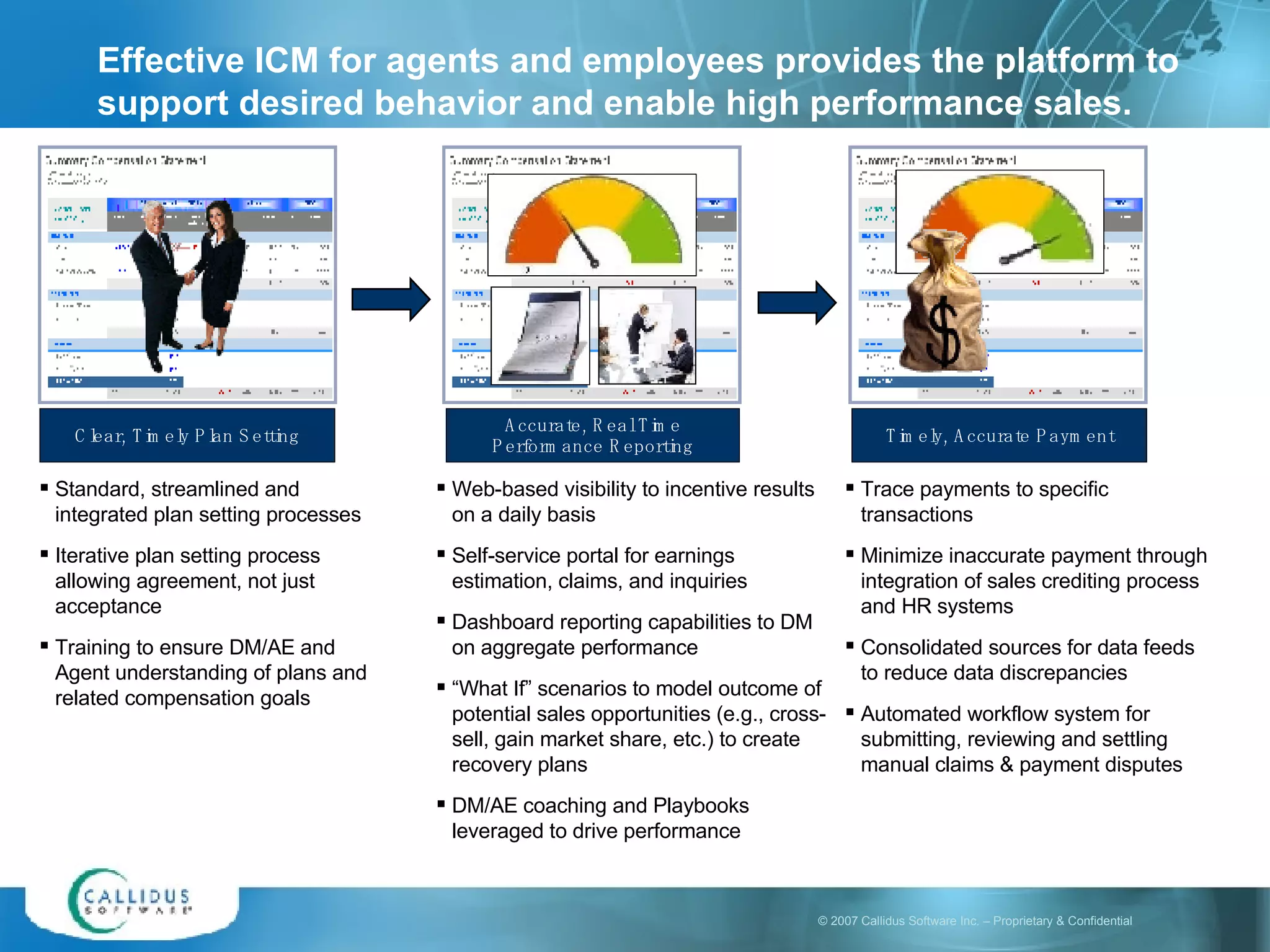 Effective ICM for agents and employees provides the platform to support desired behavior and enable high performance sales. Clear, Timely Plan Setting Standard, streamlined and integrated plan setting processes Iterative plan setting process allowing agreement, not just acceptance Training to ensure DM/AE and Agent understanding of plans and related compensation goals Web-based visibility to incentive results on a daily basis  Self-service portal for earnings estimation, claims, and inquiries Dashboard reporting capabilities to DM on aggregate performance “ What If” scenarios to model outcome of potential sales opportunities (e.g., cross-sell, gain market share, etc.) to create recovery plans DM/AE coaching and Playbooks leveraged to drive performance Trace payments to specific transactions Minimize inaccurate payment through integration of sales crediting process and HR systems Consolidated sources for data feeds to reduce data discrepancies Automated workflow system for submitting, reviewing and settling manual claims & payment disputes Accurate, Real Time Performance Reporting Timely, Accurate Payment 